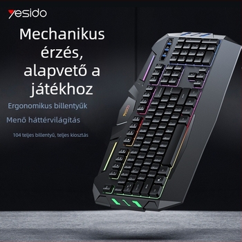 Yesido gamer billentyűzet, 104 gombos, vezetékes, egyszínű háttérvilágítás