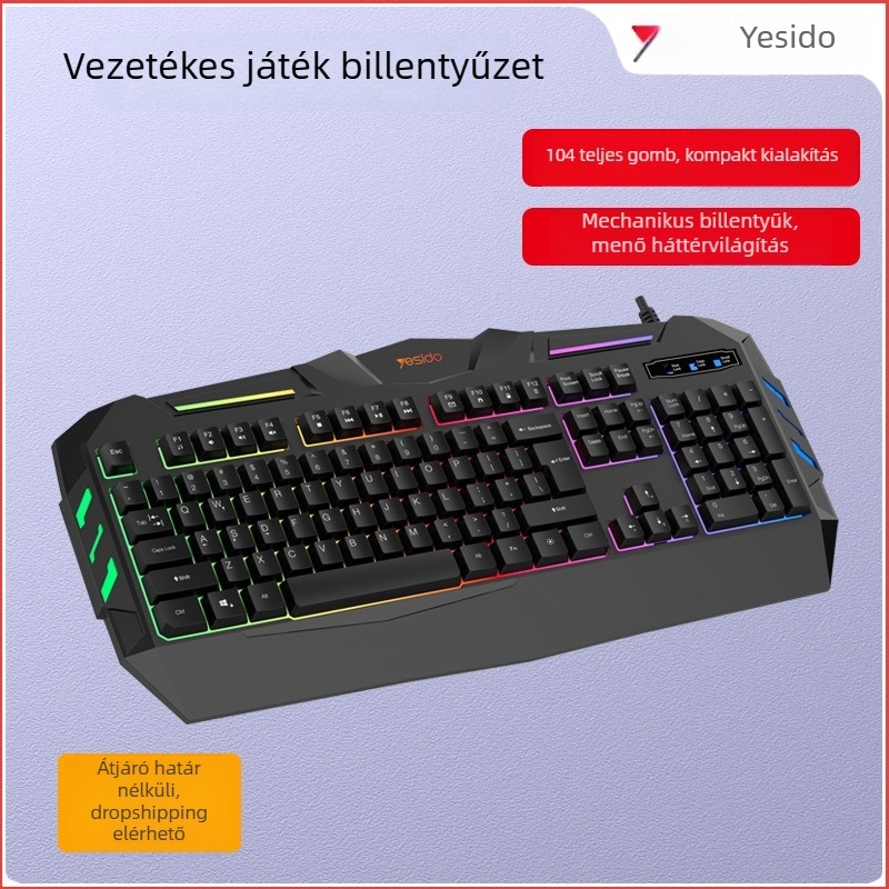 Yesido gamer billentyűzet, 104 gombos, vezetékes, egyszínű háttérvilágítás