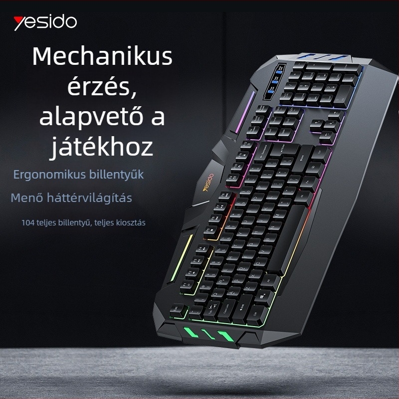 Yesido gamer billentyűzet, 104 gombos, vezetékes, egyszínű háttérvilágítás