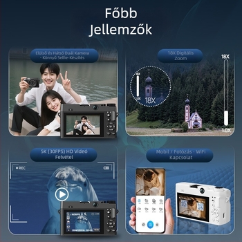 WD07-D kettős kamerás digitális fényképezőgép: 5K videó, 16MP CMOS szenzor, elöl és hátul selfi, periszkópos objektív, 3,0 hüvelykes LCD
