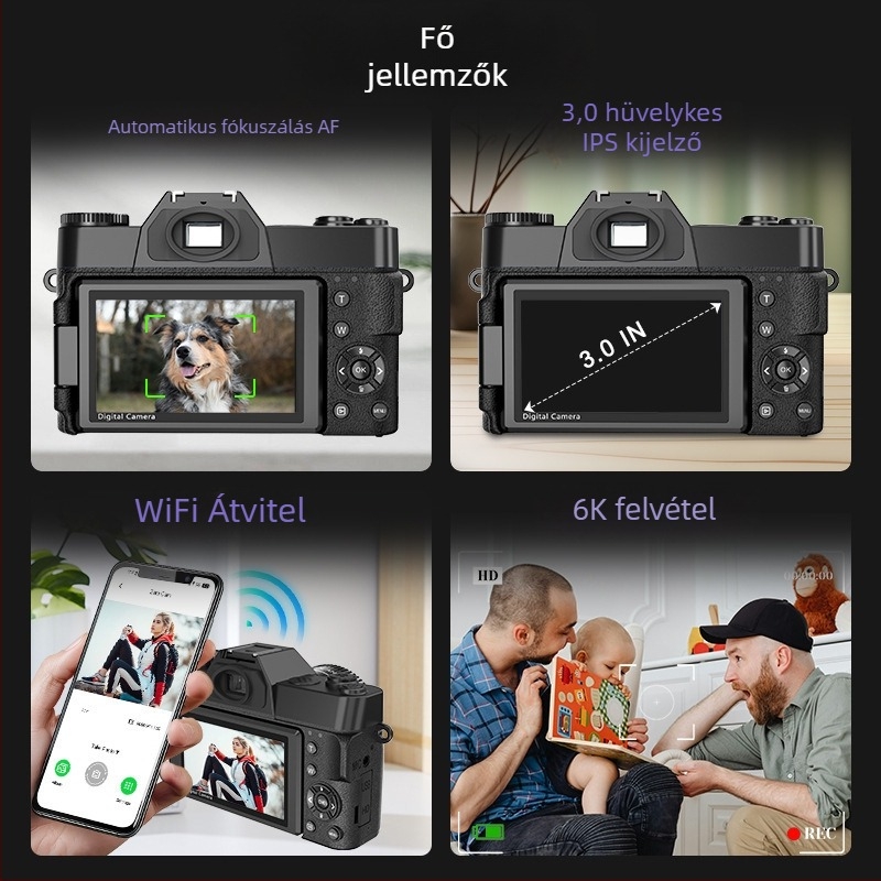 Tükör nélküli digitális kamera – CMOS szenzor, 6400 aktív pixelek, 1080p videó, elektronikus képstabilizálás, éjszakai fotózás