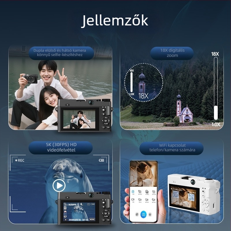 Tükör nélküli kamera elől- és hátlapi kamerával, 16MP CMOS szenzor 1/2.9, 18x optikai zoom periszkópos objektívvel, 5K/30fps videó, 3.0in LCD