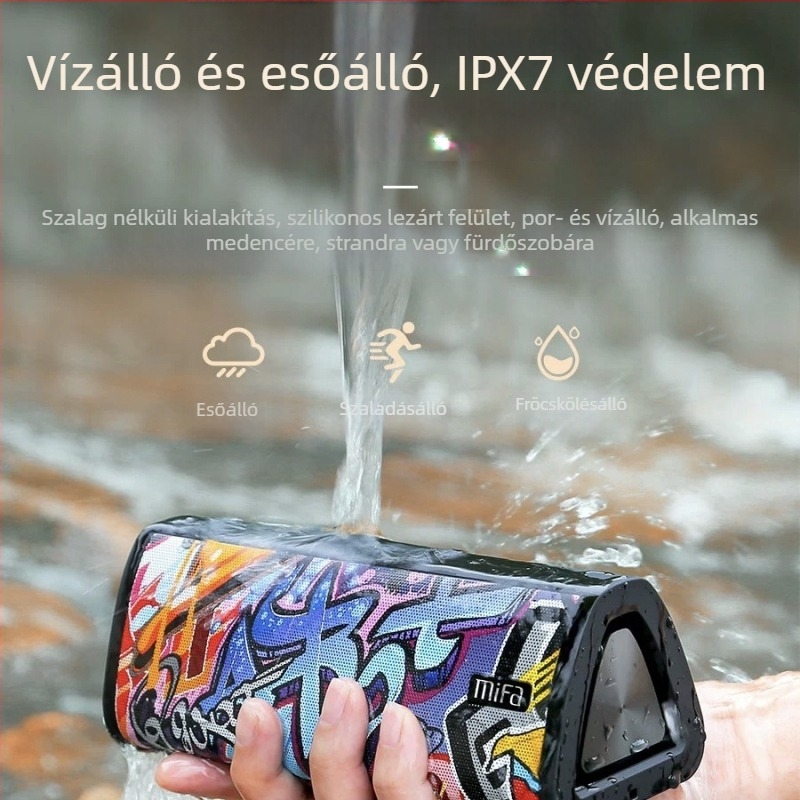 Mifa vezeték nélküli Bluetooth hangszóró, hordozható, microSD kártyaolvasóval, IPX7 vízálló, beépített 1200–2000 mAh akkumulátor, 100 Hz–20 kHz frekvencia-válasz, SNR ≥70 dB