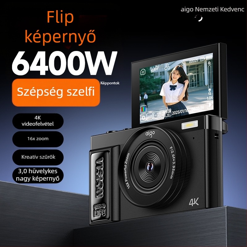 4K-s digitális tükör nélküli kamera kihajtható selfie-képernyővel, több színben, diákoknak és campusfotózáshoz