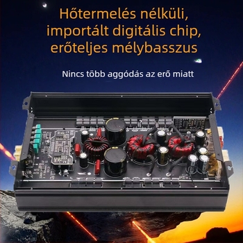 Autós mélynyomó erősítő, Class D monoblokk, modell 1500.1D, maximális teljesítmény 1500 W, impedancia 4 Ω, frekvenciasáv 25–250 Hz, torzítás 0,1%