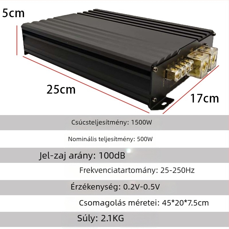 Autós mélynyomó erősítő, Class D monoblokk, modell 1500.1D, maximális teljesítmény 1500 W, impedancia 4 Ω, frekvenciasáv 25–250 Hz, torzítás 0,1%