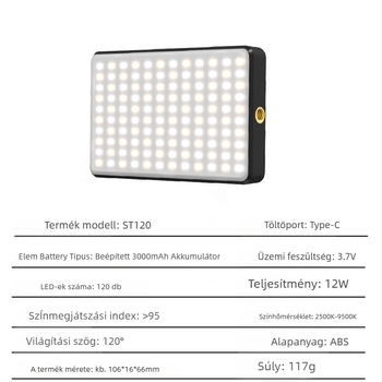 ST-120 LED töltőfény telefonhoz/DSLR-hez – hordozható világítás élő közvetítéshez, 10–50W, 3.7V, három színhőmérséklet, kézi üzemmód