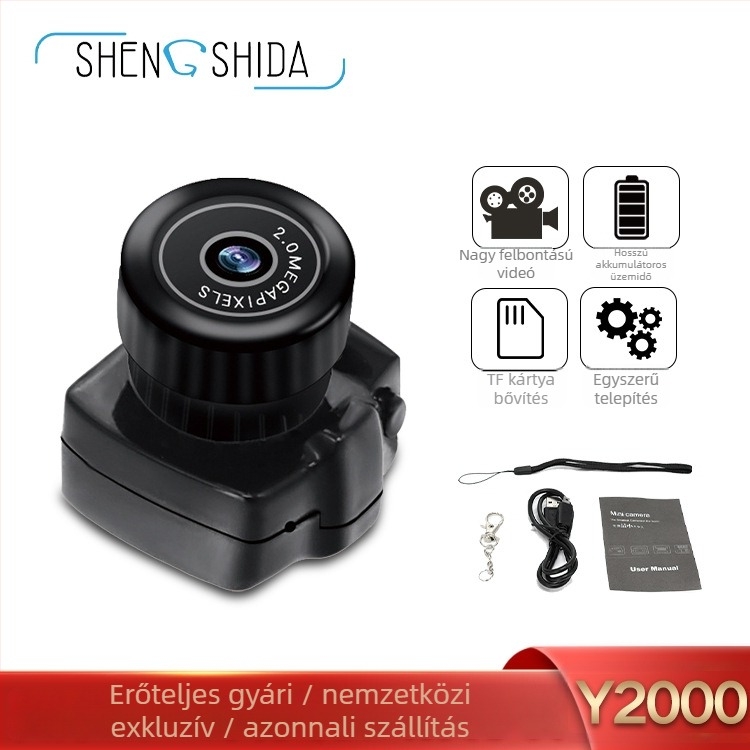 Mini kamera videózásra és fotózásra, modell Y2000, TF-kártya tárhely, 1 MP-ig terjedő szenzorra, műanyag test, 3-5 órás akkumulátor-üzemidő