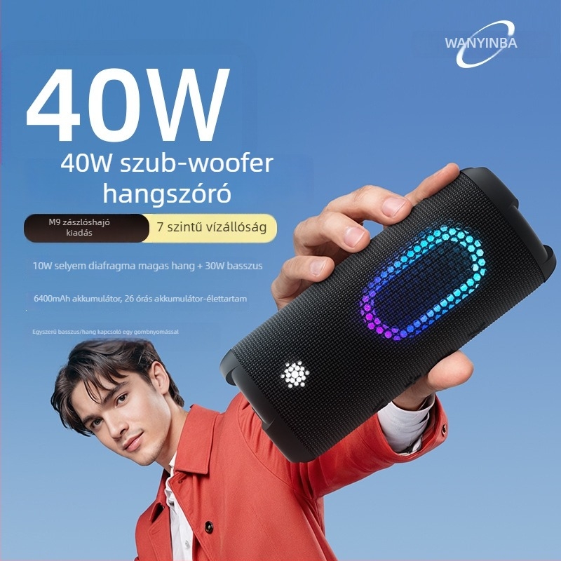 Wanyinba M9 Bluetooth hangszóró – IPX7 vízálló, 40W kimenet, beépített 6000mAh akkumulátor, Bluetooth 5.3, 4 hangszóró