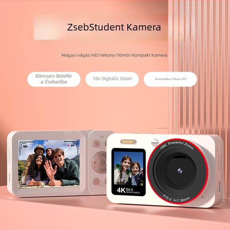 4K-s 64MP HD digitális kamera kettős kijelzővel (elöl 1,4", hátul 2,8"), 8MP szenzor, 64MP objektív, elektronikus képstabilizáció