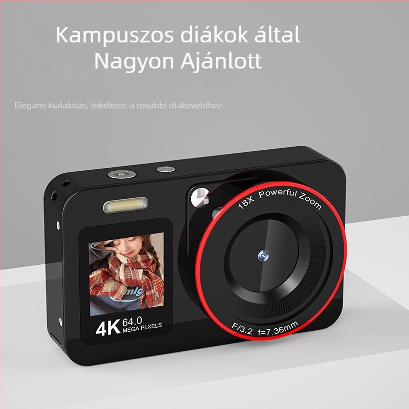 4K-s 64MP HD digitális kamera kettős kijelzővel (elöl 1,4", hátul 2,8"), 8MP szenzor, 64MP objektív, elektronikus képstabilizáció