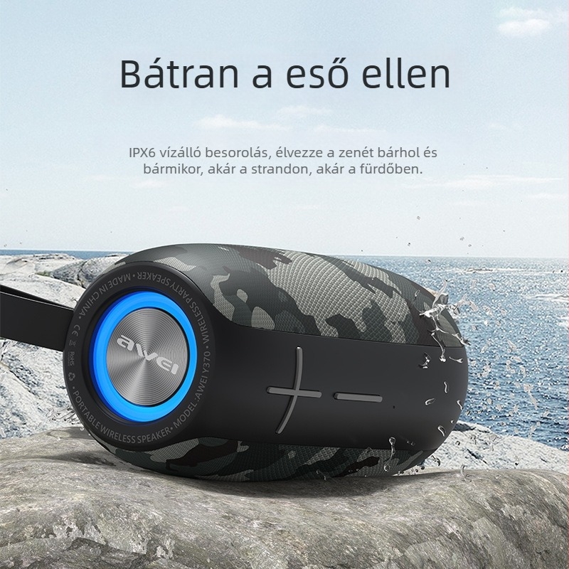 Kültéri Bluetooth hangsugárzó, strapabíró kivitel, 10W, IPX4 vízálló, Bluetooth 5.0, beépített 1000–1200 mAh akkumulátor, frekvenciasáv 80 Hz–15 kHz (IPX4; 10W; Bluetooth 5.0; 1000–1200 mAh; 80 Hz–15 kHz)
