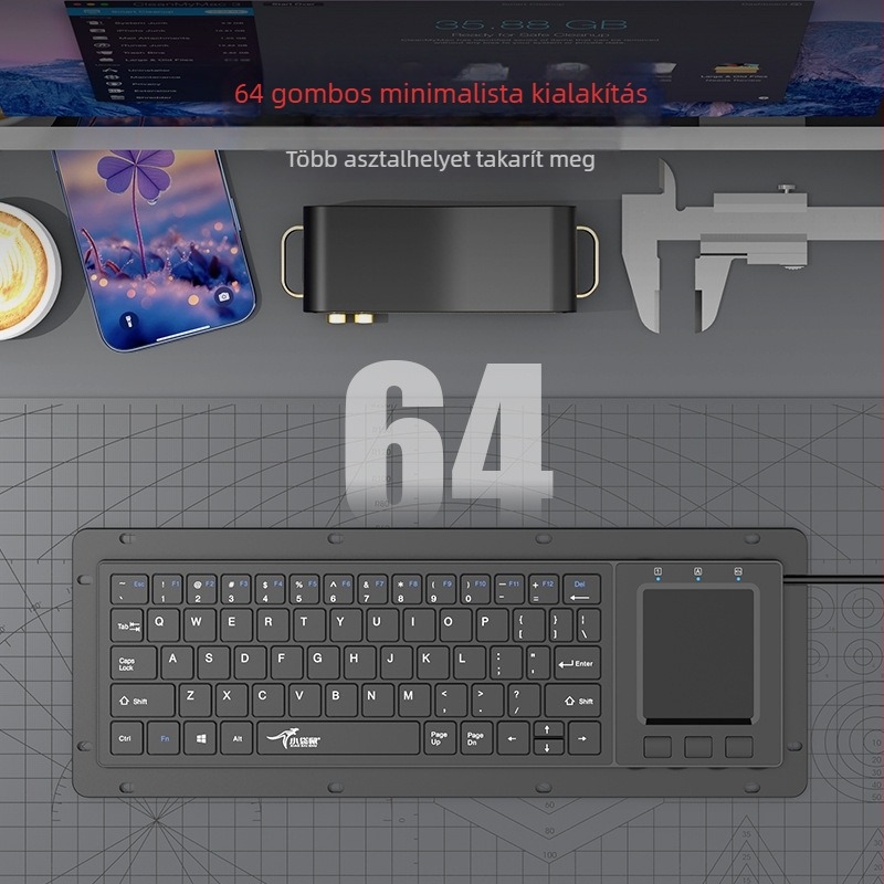 Trackballos érintéses ipari billentyűzet, USB/PS2 interfész, 88–98 billentyű, kábeles, vízálló