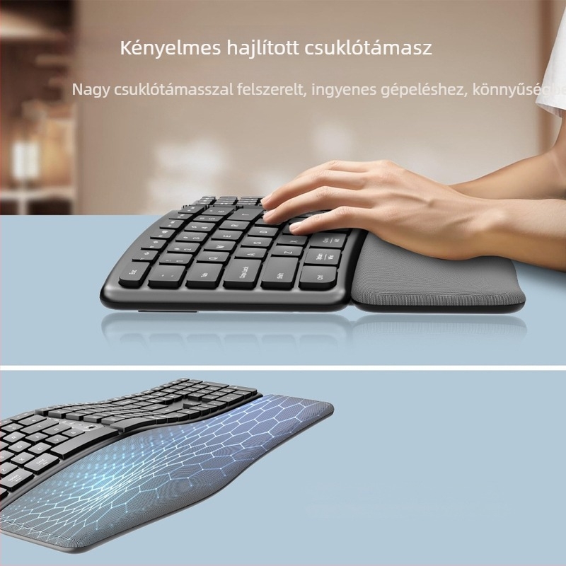 Bluetooth ergonómikus billentyűzet és egér készlet csuklótámasz, 111 billentyű, feltölthető billentyűzet, két eszközzel párosítható, vízálló