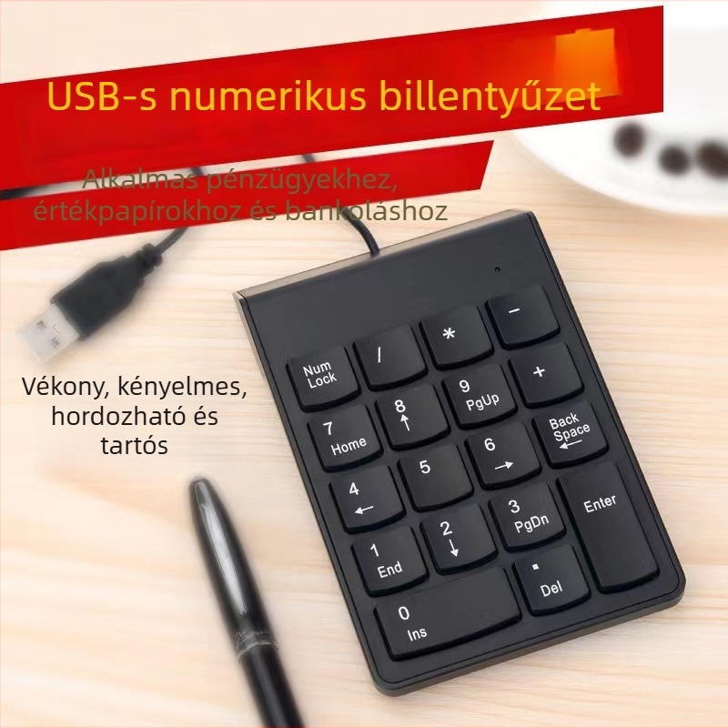 Vezetékes 18 gombos numerikus billentyűzet, ABS anyag, 1,35 m kábel, kompakt méret 140×85×8 mm