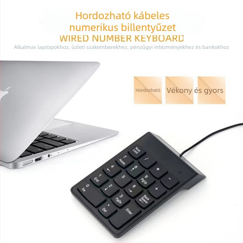 Vezetékes 18 gombos numerikus billentyűzet, ABS anyag, 1,35 m kábel, kompakt méret 140×85×8 mm