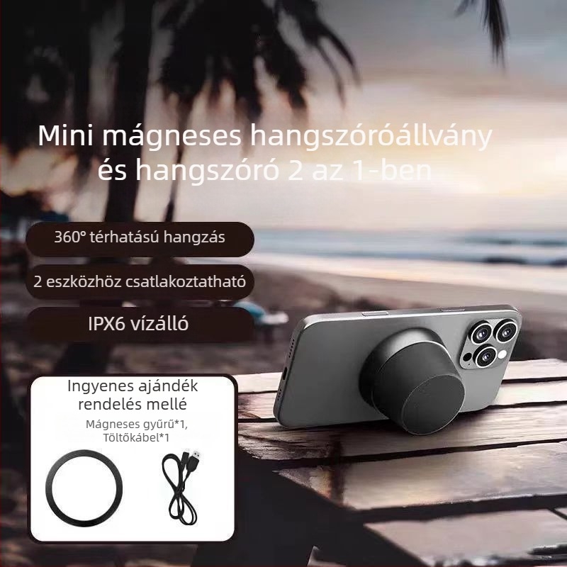 Bluetooth hangszóró mágneses textilborítással, elegáns, hordozható, telefon-támasz, mélybasszus, vezeték nélküli