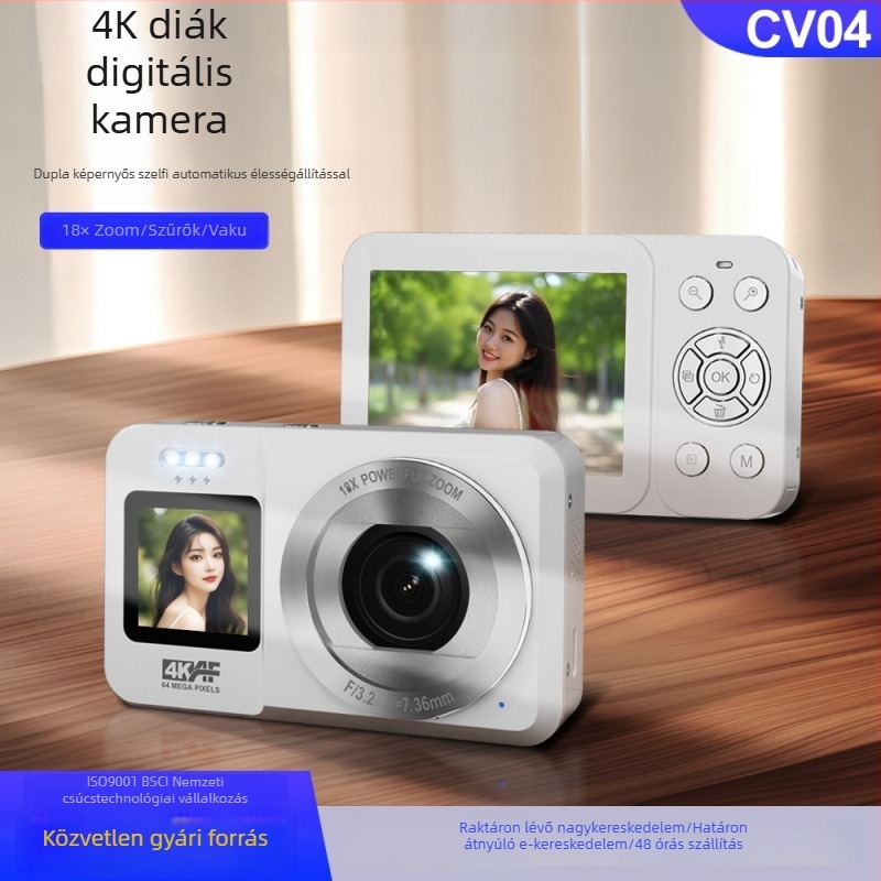 64 MP kompakt digitális kamera, 18× optikai zoom, ultra vékony kialakítás, CMOS szenzor, 2,8 hüvelykes LCD, TF-kártya