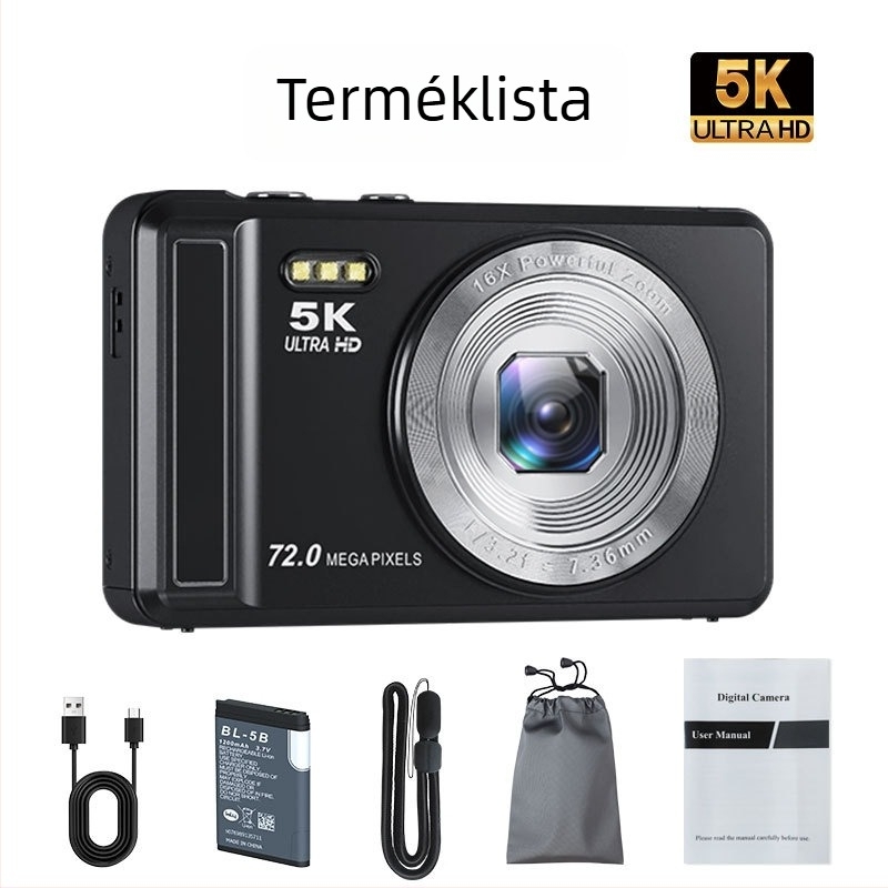 Hordozható 5K CCD szelfi digitális kamera, 2,8 hüvelykes LCD, CMOS 16 MP szenzor, periszkópos objektív, USB 2.0, TF-kártya, utazáshoz kompakt
