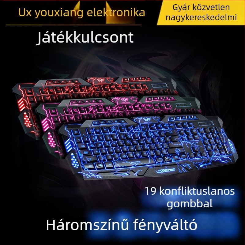 Vezetékes gamer billentyűzet, 104 gomb, vörös tengelyű kapcsolók, több színű háttérvilágítás