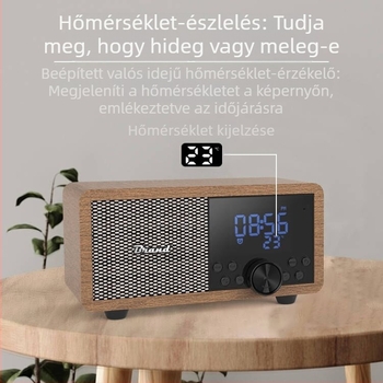 Shaba FM rádió vezeték nélküli fa Bluetooth hangszóró ébresztőórával és kártyaolvasóval, 5W, Bluetooth 5.1, 100Hz-20kHz, SNR ≥75dB, 10 m hatótáv