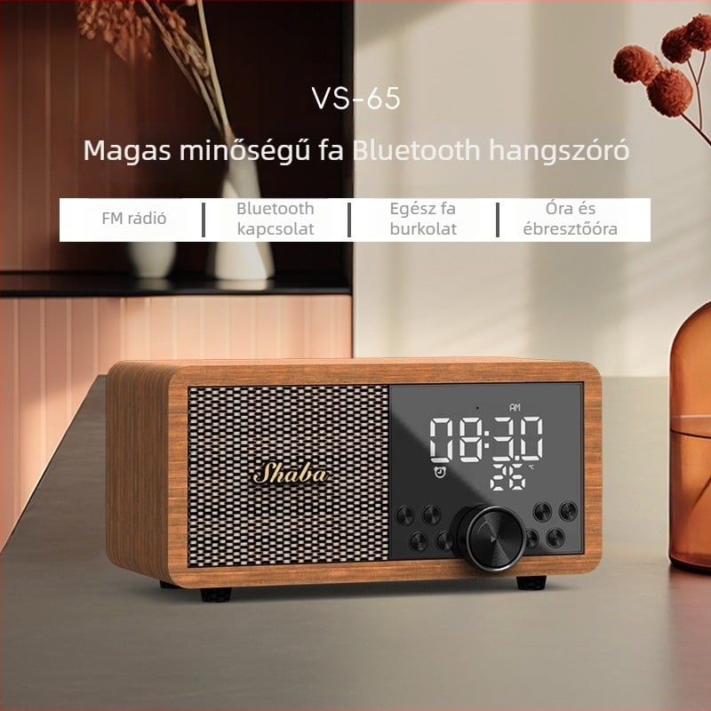 Shaba FM rádió vezeték nélküli fa Bluetooth hangszóró ébresztőórával és kártyaolvasóval, 5W, Bluetooth 5.1, 100Hz-20kHz, SNR ≥75dB, 10 m hatótáv