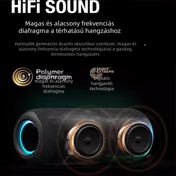 Hordozható Bluetooth hangszóró mély basszusúval, Bluetooth 5.3, 10W, IPX5 vízálló, beépített akkumulátor 4000–6000 mAh, frekvencia 20 Hz–20 kHz