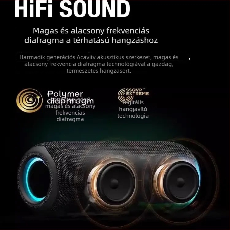 Hordozható Bluetooth hangszóró mély basszusúval, Bluetooth 5.3, 10W, IPX5 vízálló, beépített akkumulátor 4000–6000 mAh, frekvencia 20 Hz–20 kHz