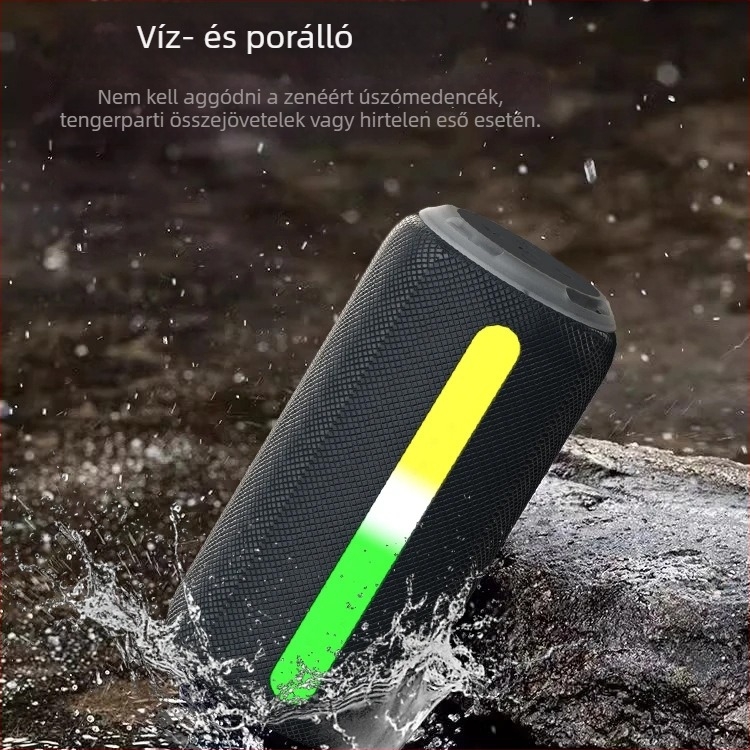 Hordozható Bluetooth hangszóró mély basszusúval, Bluetooth 5.3, 10W, IPX5 vízálló, beépített akkumulátor 4000–6000 mAh, frekvencia 20 Hz–20 kHz