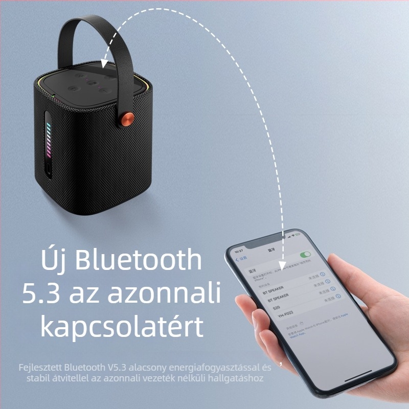 Textil burkolatú hordozható Bluetooth hangszóró asztali és kültéri használatra, 10W, IPx3, Bluetooth 5.3, beépített akkumulátor 1200-2000mAh, frekvencia-válasz 100Hz-20kHz