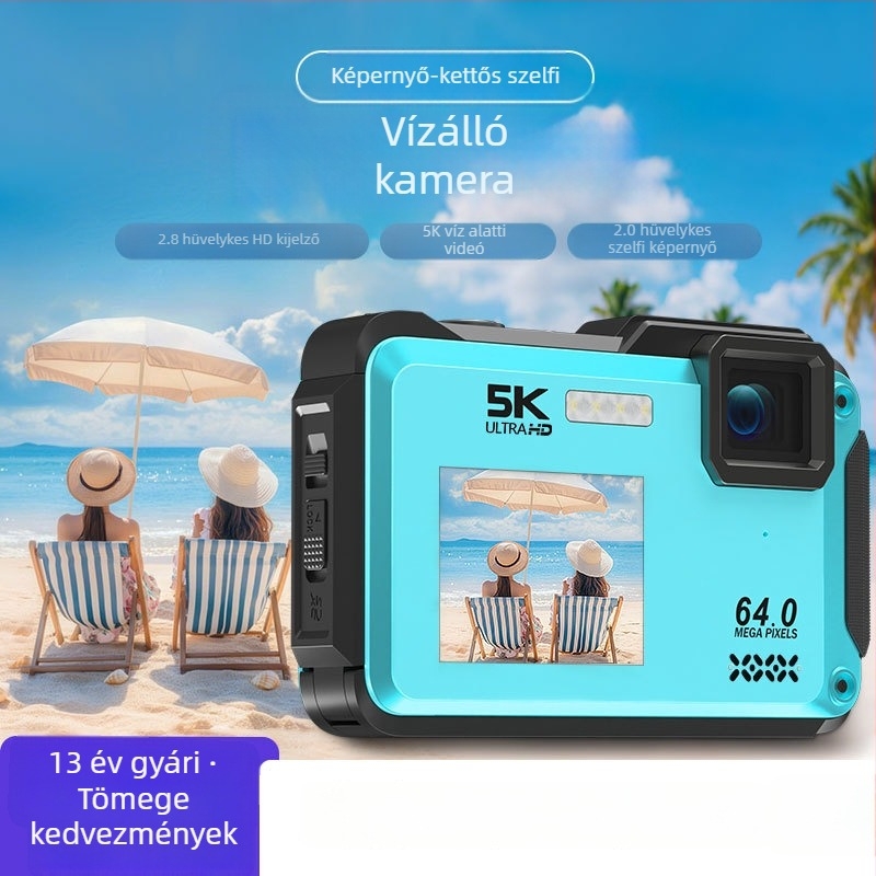 Kétkijelzős vízálló digitális kamera, hordozható, 4K felbontású kültéri utazásokhoz