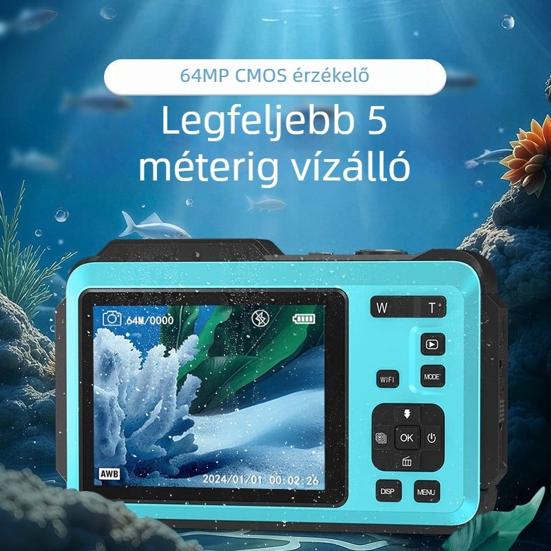Kétkijelzős vízálló digitális kamera, hordozható, 4K felbontású kültéri utazásokhoz