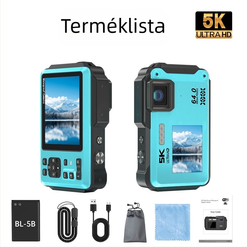 Kétkijelzős vízálló digitális kamera, hordozható, 4K felbontású kültéri utazásokhoz