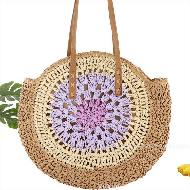 Papírszálas csomózott táska, kötött, kör alakú, cipzár, poliészter-pamut bélés, dupla vállpántok, nyár 2024