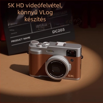 Tükrő nélküli retro kamera elő- és hátsó kamerával, elektronikus képstabilizáció, 14 MP CMOS szenzor, 16x digitális zoom, 8000×6000 max felbontás