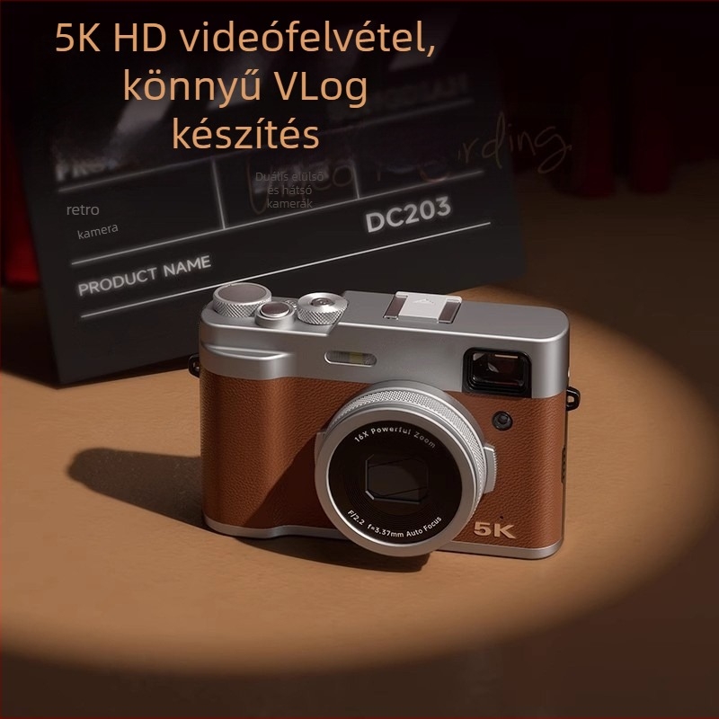 Tükrő nélküli retro kamera elő- és hátsó kamerával, elektronikus képstabilizáció, 14 MP CMOS szenzor, 16x digitális zoom, 8000×6000 max felbontás