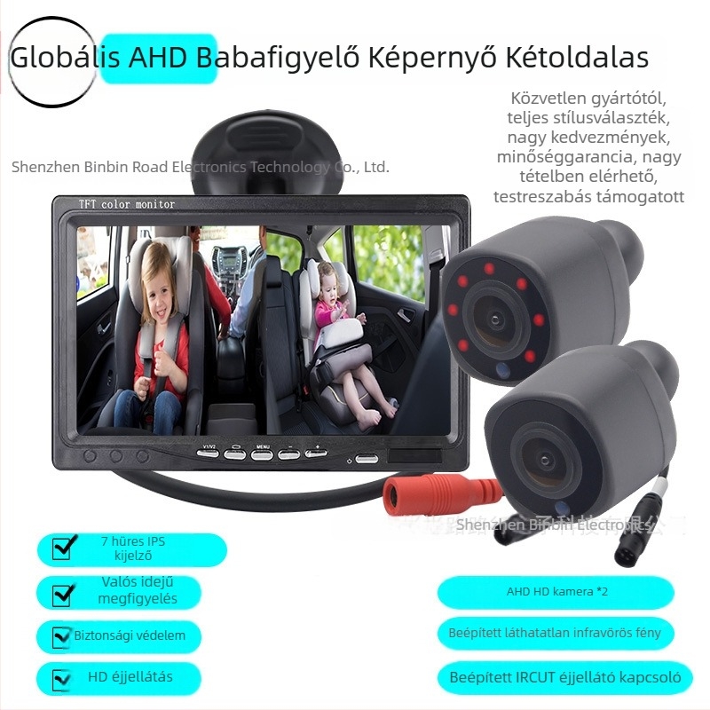 Autóba szerelhető AHD kétcsatornás megosztott kijelző szívófejes tartóval, IR éjjellátó kamera, 1280x720, AHD 720p