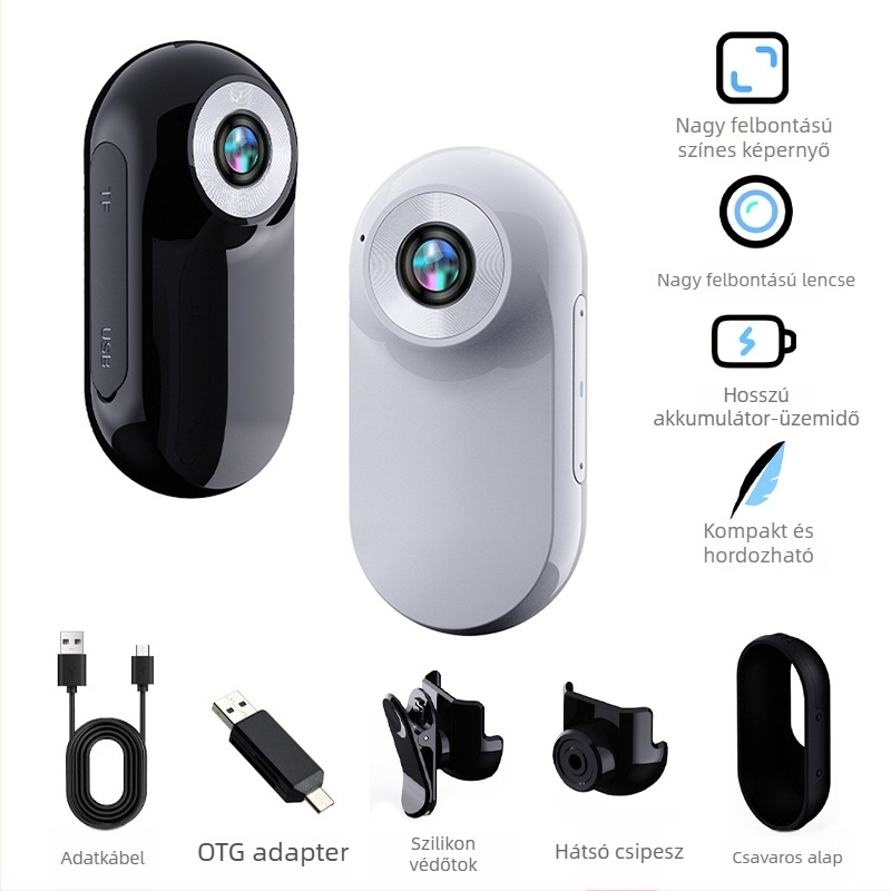 Kompakt viselhető HD kamera háziállatok és gyerekek számára, mellkas- vagy nyakszíjon viselve, kültéri felvételhez, 1080p, 2MP, 3.6mm objektív, 107 g