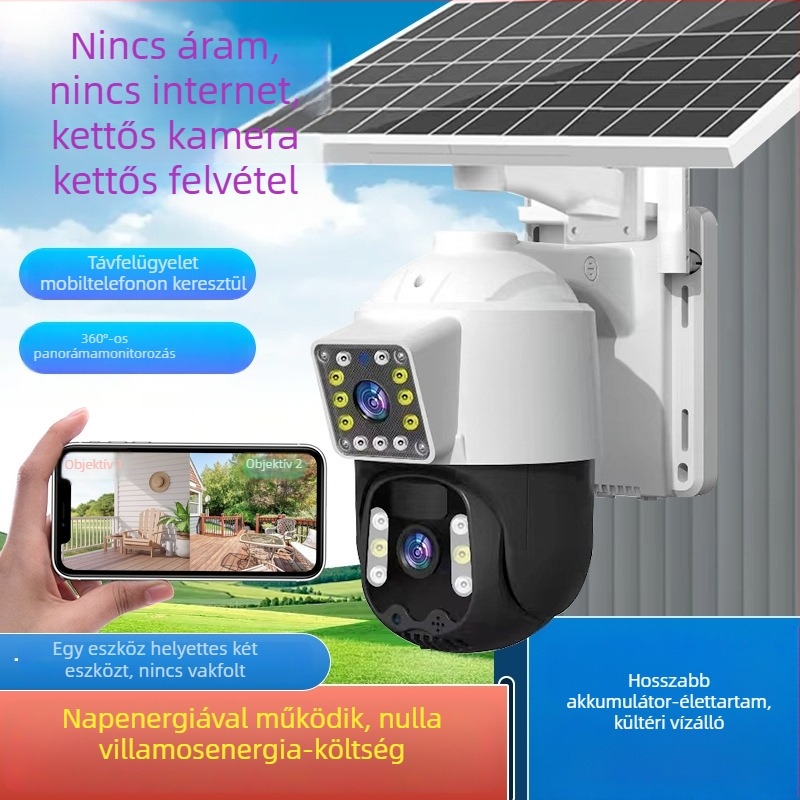 Napelemes, alacsony energiafogyasztású kültéri megfigyelő kamera távoli hozzáféréssel mobilalkalmazáson keresztül, kétlencsés