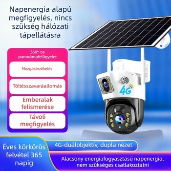4G-s napelemes kamera egy- vagy kétlencsés, HD vízálló kültéri megfigyeléshez, távoli megfigyeléshez, minimális megvilágítás 0.02 lux, SNR > 48 dB, tápegység 5V
