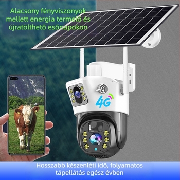4G-s napelemes kamera egy- vagy kétlencsés, HD vízálló kültéri megfigyeléshez, távoli megfigyeléshez, minimális megvilágítás 0.02 lux, SNR > 48 dB, tápegység 5V