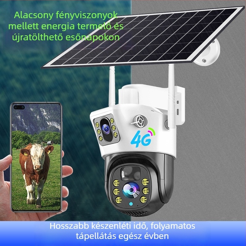 4G-s napelemes kamera egy- vagy kétlencsés, HD vízálló kültéri megfigyeléshez, távoli megfigyeléshez, minimális megvilágítás 0.02 lux, SNR > 48 dB, tápegység 5V