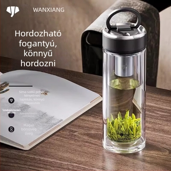 Kétszintes boroszilikát üveg teás pohár szűrővel, irodai használatra, ajándékdobozban, testreszabás elérhető