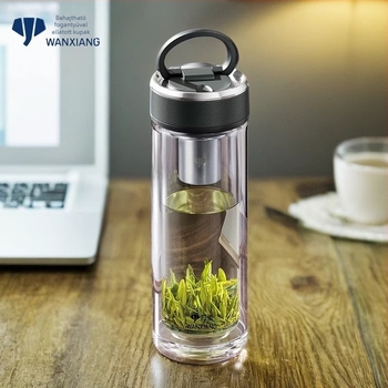 Kétszintes boroszilikát üveg teás pohár szűrővel, irodai használatra, ajándékdobozban, testreszabás elérhető