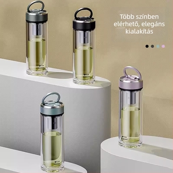 Kétszintes boroszilikát üveg teás pohár szűrővel, irodai használatra, ajándékdobozban, testreszabás elérhető