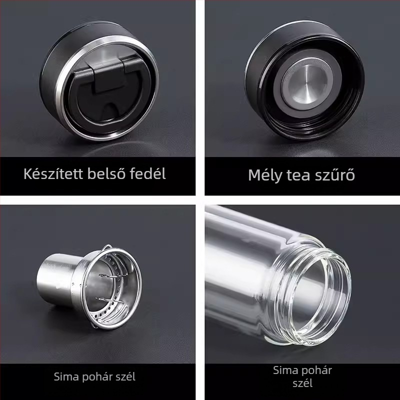 Kétszintes boroszilikát üveg teás pohár szűrővel, irodai használatra, ajándékdobozban, testreszabás elérhető