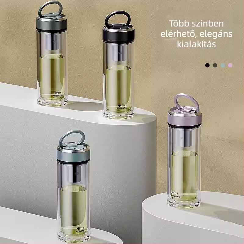 Kétszintes boroszilikát üveg teás pohár szűrővel, irodai használatra, ajándékdobozban, testreszabás elérhető