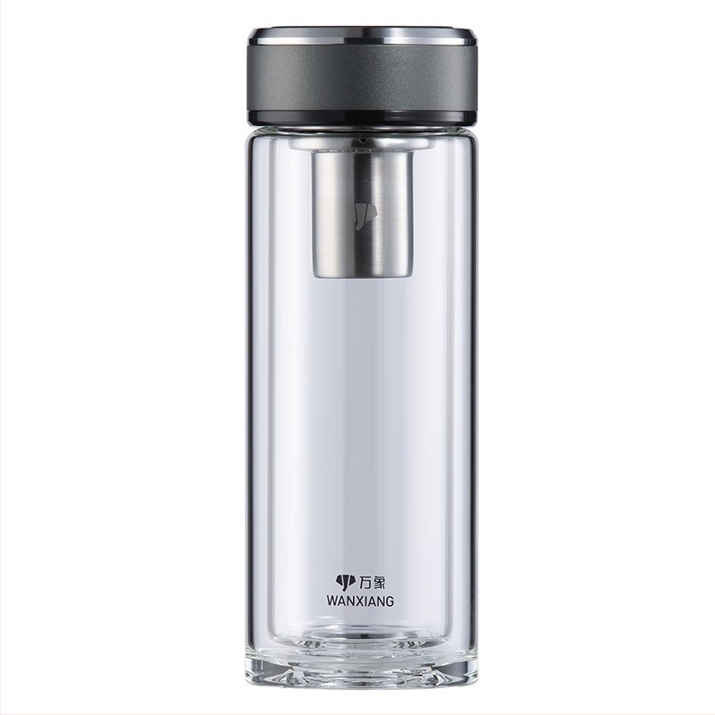 Kétszintes boroszilikát üveg teás pohár szűrővel, irodai használatra, ajándékdobozban, testreszabás elérhető