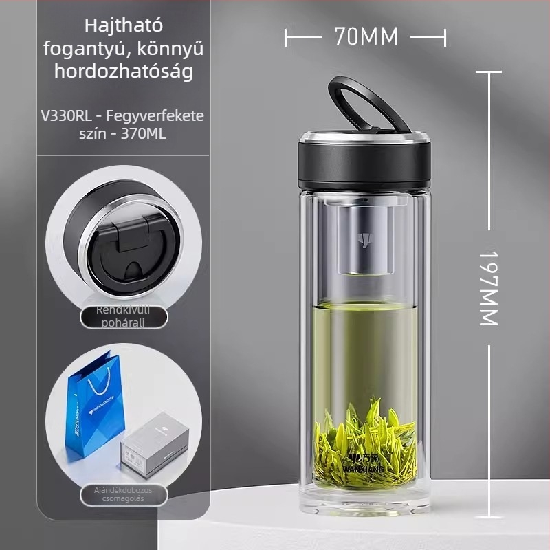 Kétszintes boroszilikát üveg teás pohár szűrővel, irodai használatra, ajándékdobozban, testreszabás elérhető