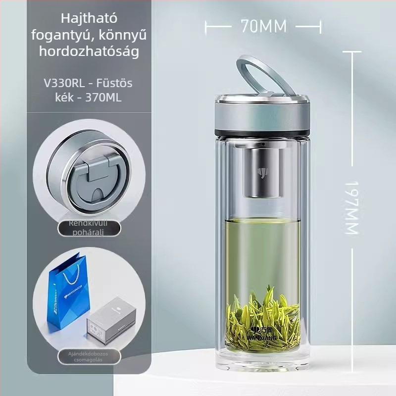 Kétszintes boroszilikát üveg teás pohár szűrővel, irodai használatra, ajándékdobozban, testreszabás elérhető